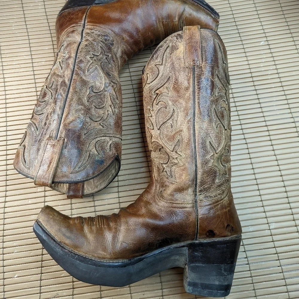 Stetson Boots custom made men's brown leather platform Western cowboy boots sz 1